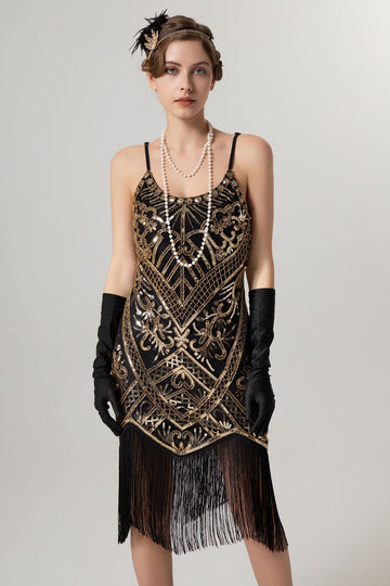 Robe à clapet noire dorée à paillettes des années 1920 avec pompons